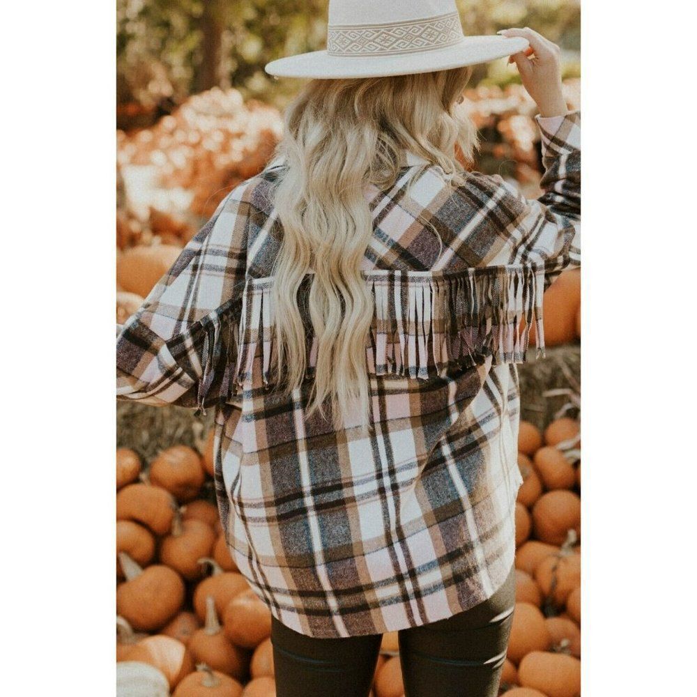 Andree By Unit Chocolate Brown and Blush Fringe Shacket Jacket New S-L J10140-1